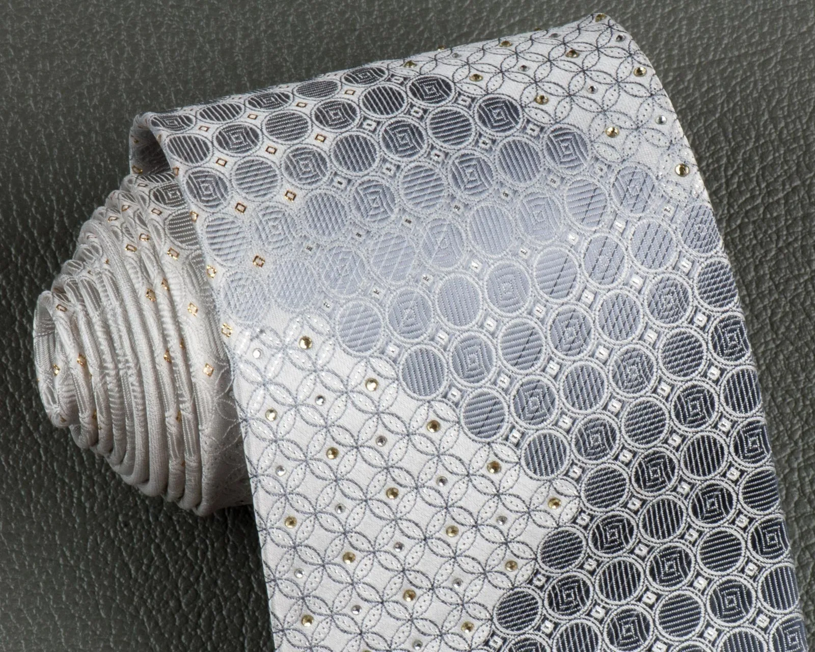 Tino Cosma Rhinestone Silk Tie Geometric Design On White With Golden Sparkles