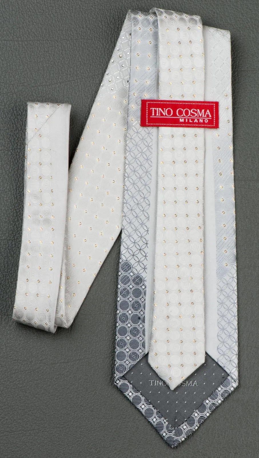 Tino Cosma Rhinestone Silk Tie Geometric Design On White With Golden Sparkles