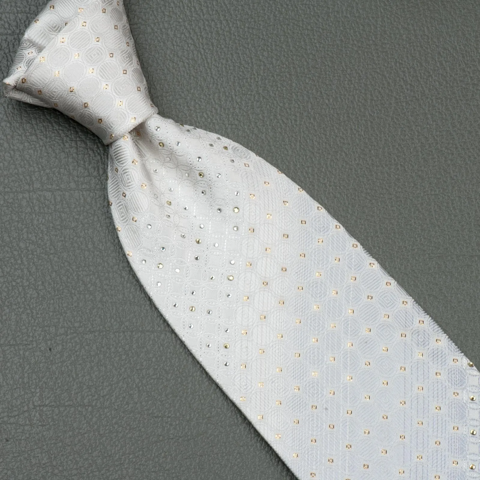 Tino Cosma Rhinestone Silk Tie Geometric Design On White With Golden Sparkles