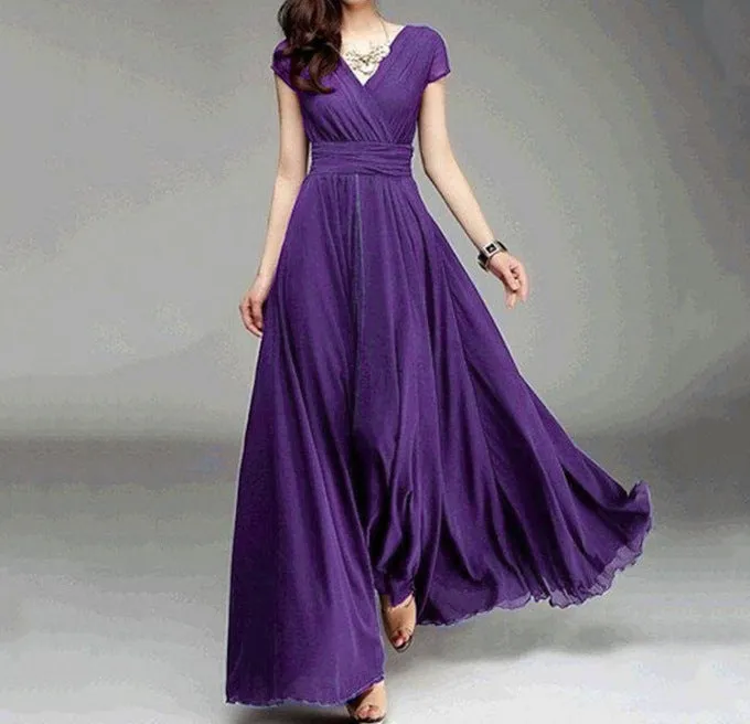 V-neck Sleeve Bohemian Chiffon Waist Dress Dresses