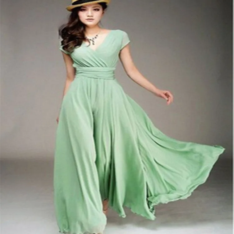 V-neck Sleeve Bohemian Chiffon Waist Dress Dresses