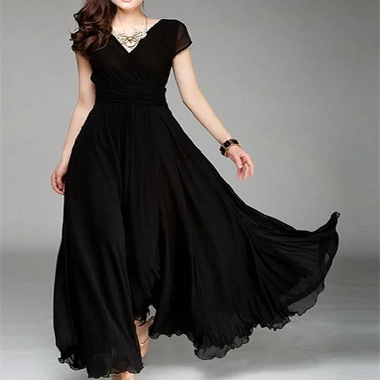 V-neck Sleeve Bohemian Chiffon Waist Dress Dresses