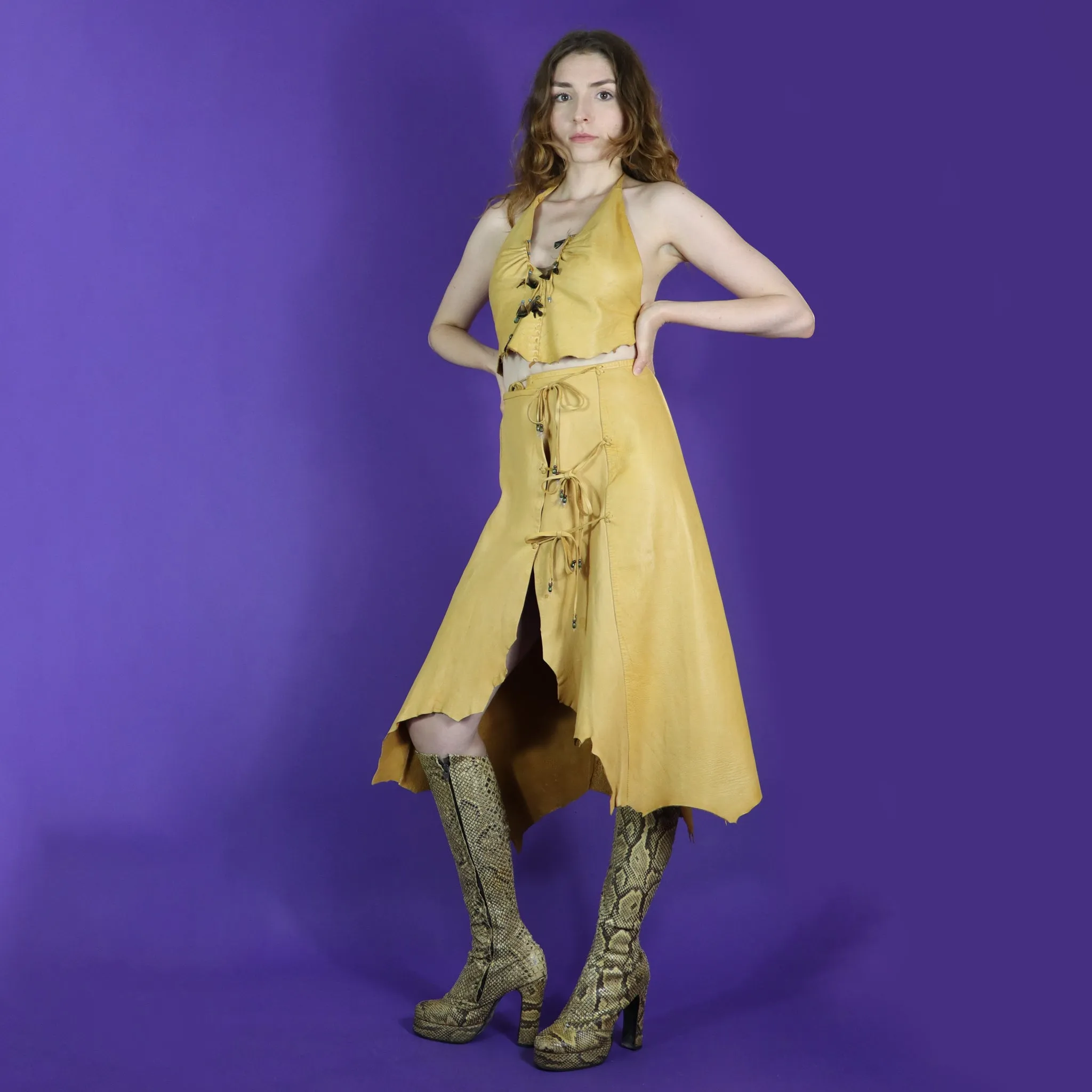 Vintage 1970s Hippie Buckskin Skirt & halterneck Top Set