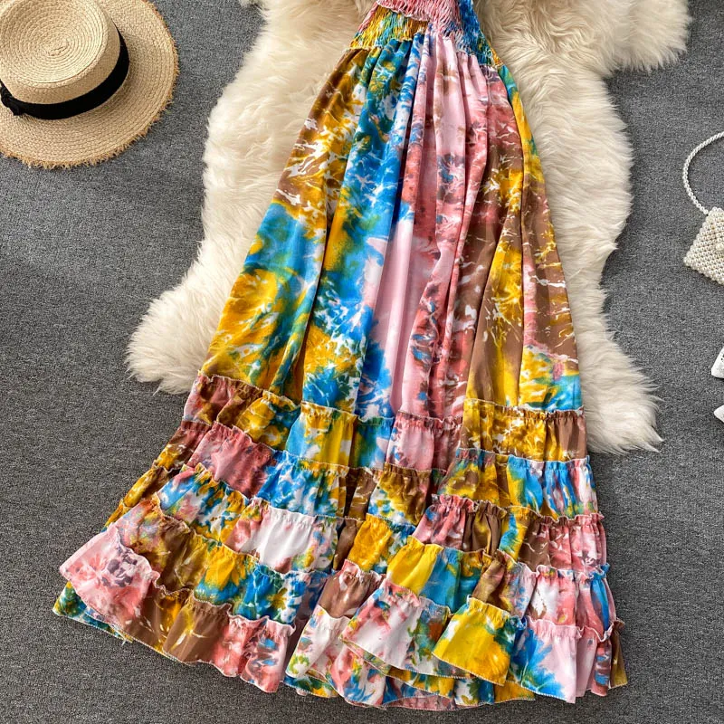 Vintage Dress, Boho Maxi Dress, Smocked Dress, Bibi in Blue and Pink