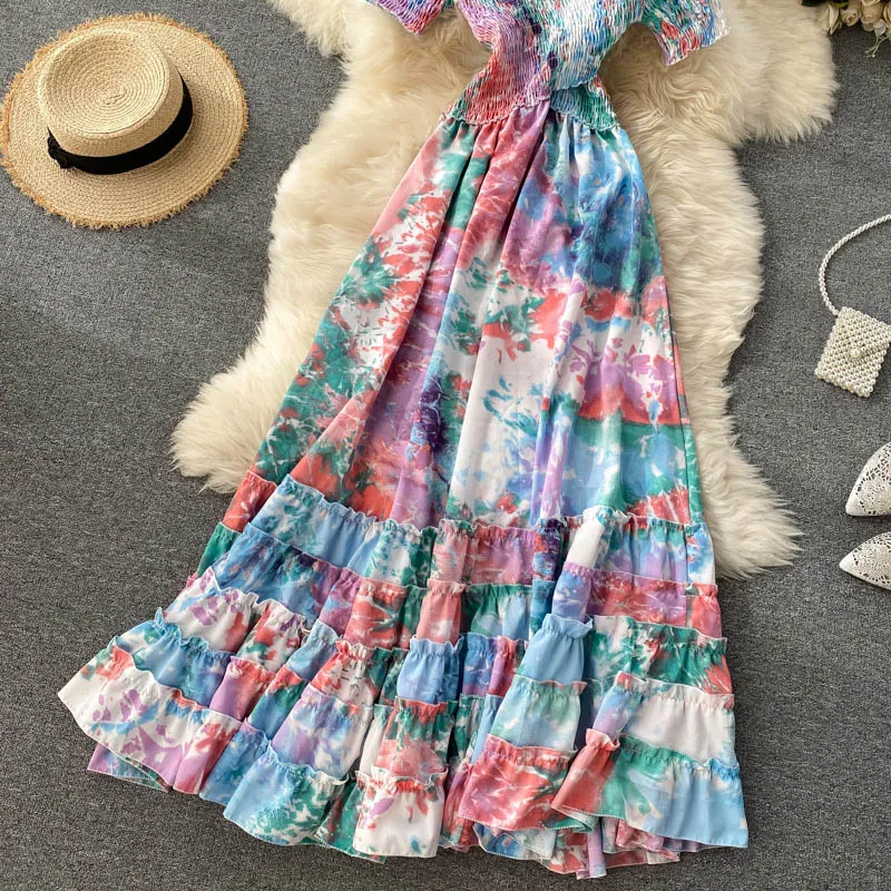 Vintage Dress, Boho Maxi Dress, Smocked Dress, Bibi in Blue and Pink