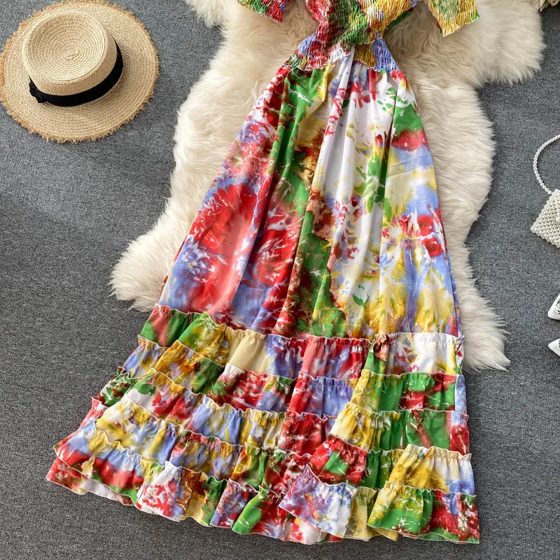 Vintage Dress, Boho Maxi Dress, Smocked Dress, Bibi in Blue and Pink