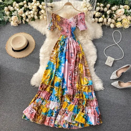 Vintage Dress, Boho Maxi Dress, Smocked Dress, Bibi in Blue and Pink