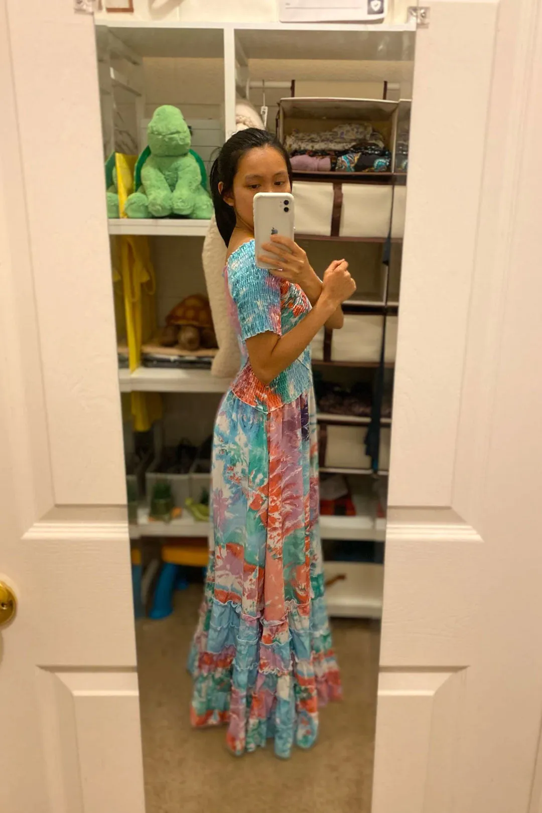 Vintage Dress, Boho Maxi Dress, Smocked Dress, Bibi in Blue and Pink