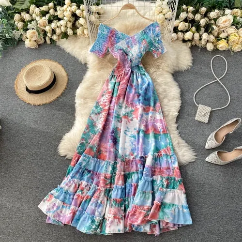 Vintage Dress, Boho Maxi Dress, Smocked Dress, Bibi in Blue and Pink