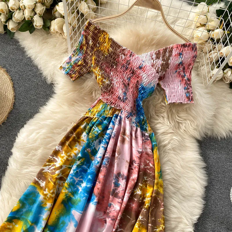 Vintage Dress, Boho Maxi Dress, Smocked Dress, Bibi in Blue and Pink