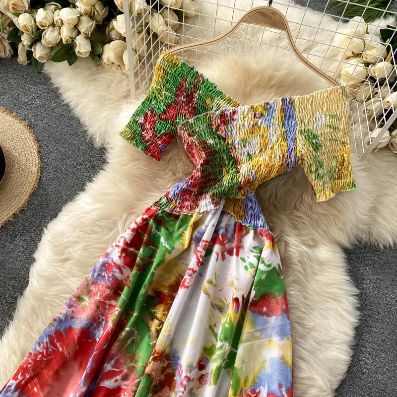 Vintage Dress, Boho Maxi Dress, Smocked Dress, Bibi in Blue and Pink