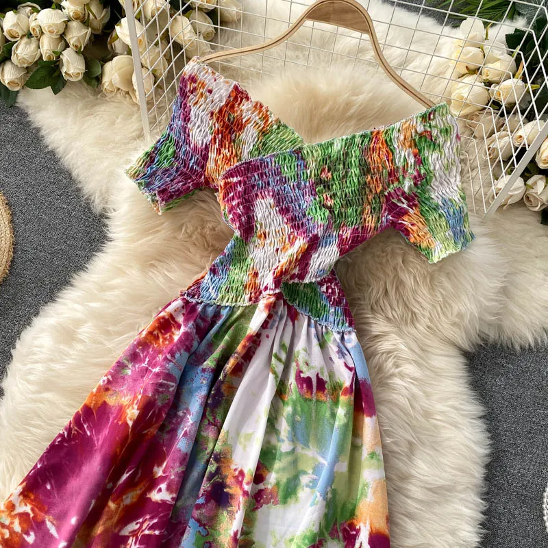 Vintage Dress, Boho Maxi Dress, Smocked Dress, Bibi in Blue and Pink