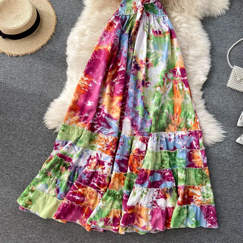 Vintage Dress, Boho Maxi Dress, Smocked Dress, Bibi in Blue and Pink