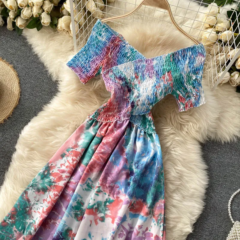 Vintage Dress, Boho Maxi Dress, Smocked Dress, Bibi in Blue and Pink