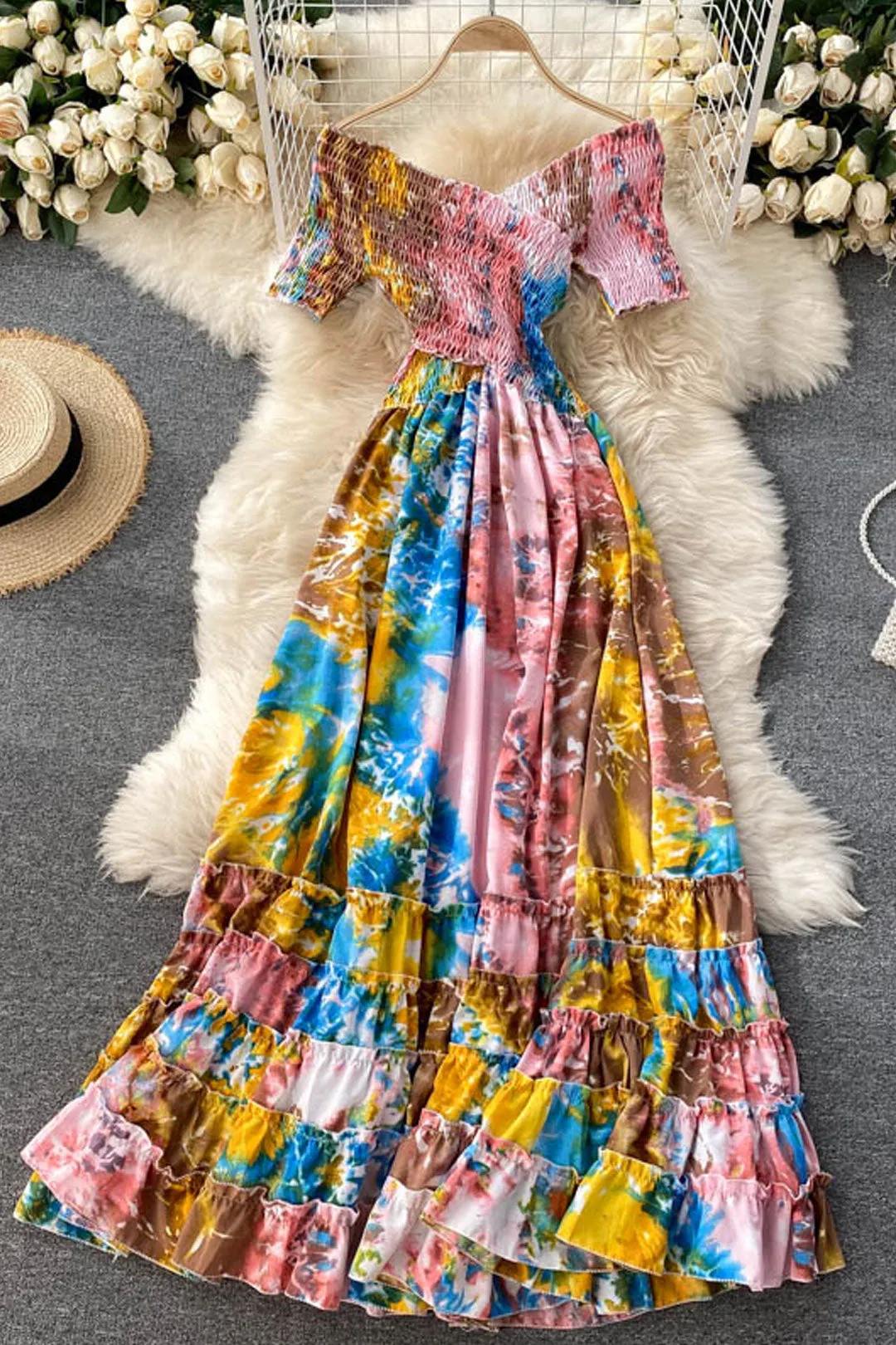 Vintage Dress, Boho Maxi Dress, Smocked Dress, Bibi in Blue and Pink