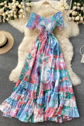 Vintage Dress, Boho Maxi Dress, Smocked Dress, Bibi in Blue and Pink