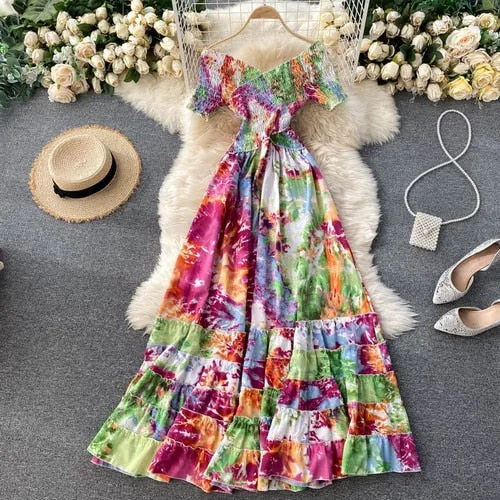 Vintage Dress, Boho Maxi Dress, Smocked Dress, Bibi in Blue and Pink