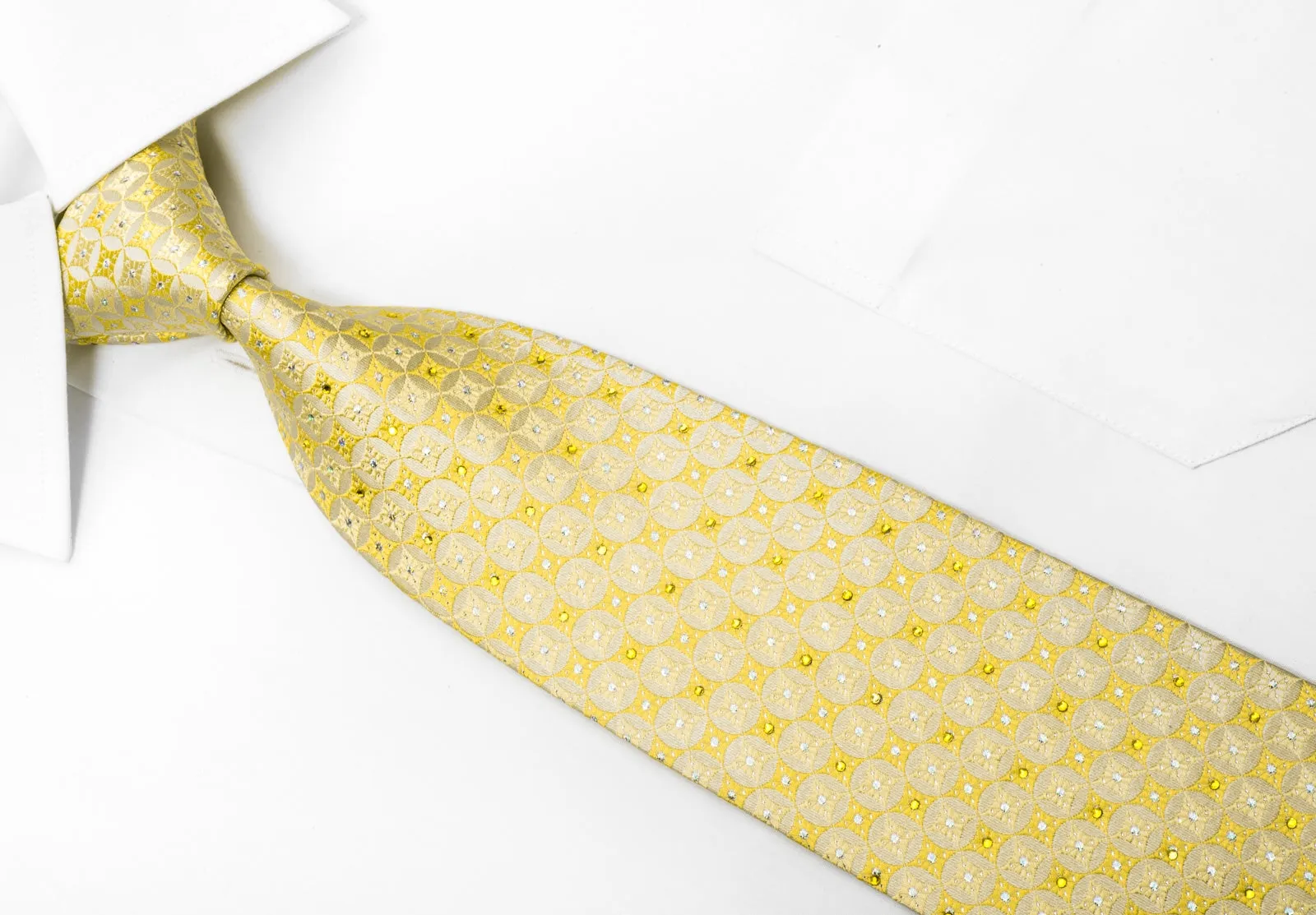 Vito Rufolo Men's Silk Necktie Geometric On Yellow Sparkling With Rhinestones