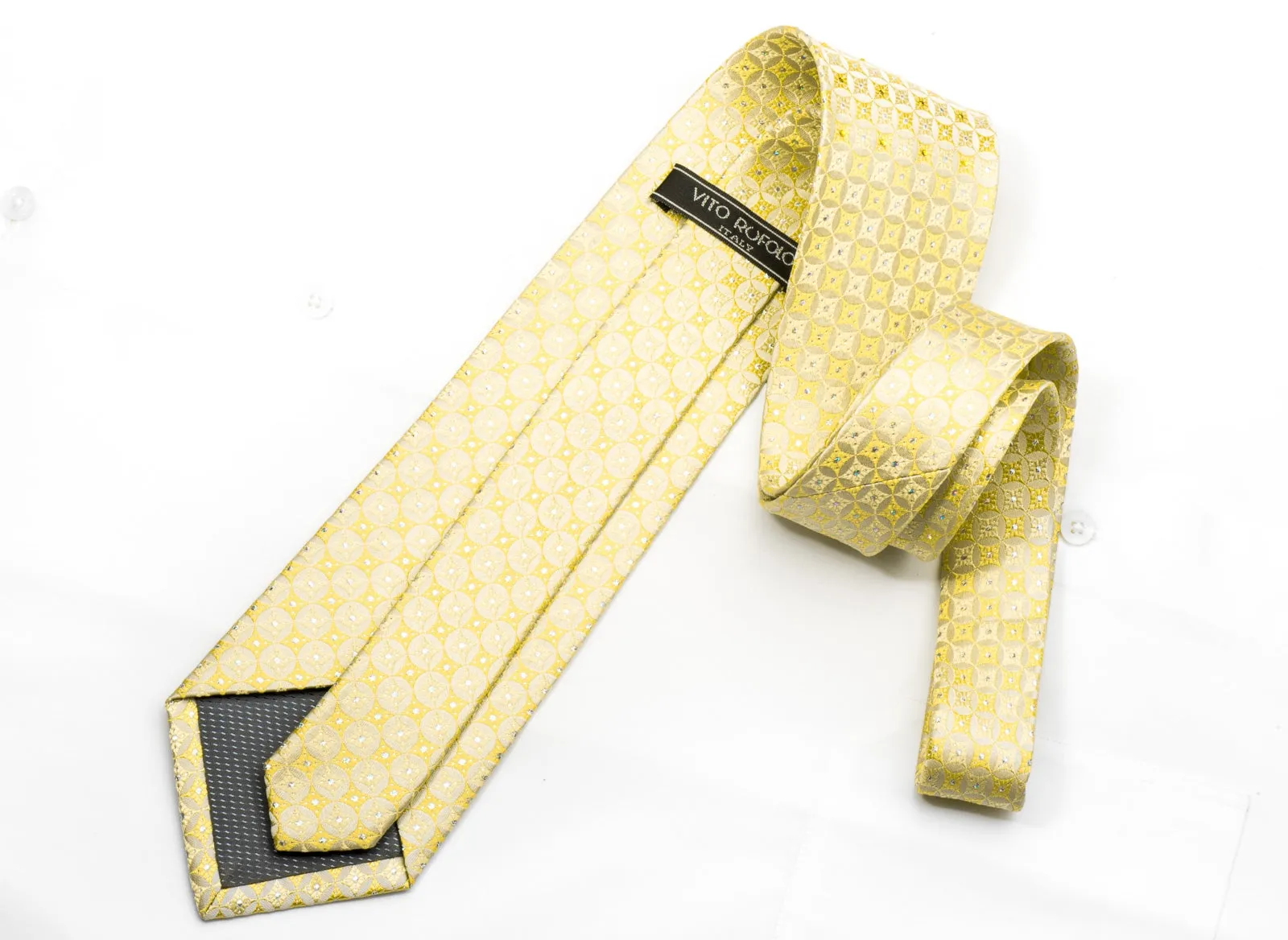Vito Rufolo Men's Silk Necktie Geometric On Yellow Sparkling With Rhinestones