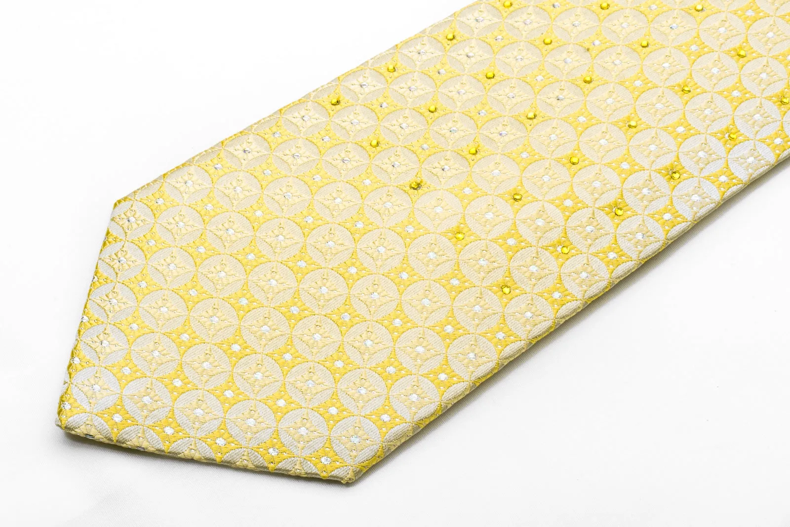 Vito Rufolo Men's Silk Necktie Geometric On Yellow Sparkling With Rhinestones