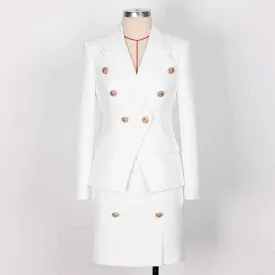 Women 2 Pieces White Blazer   Mid-High Rise Mini Skirt Suit Busines Suit