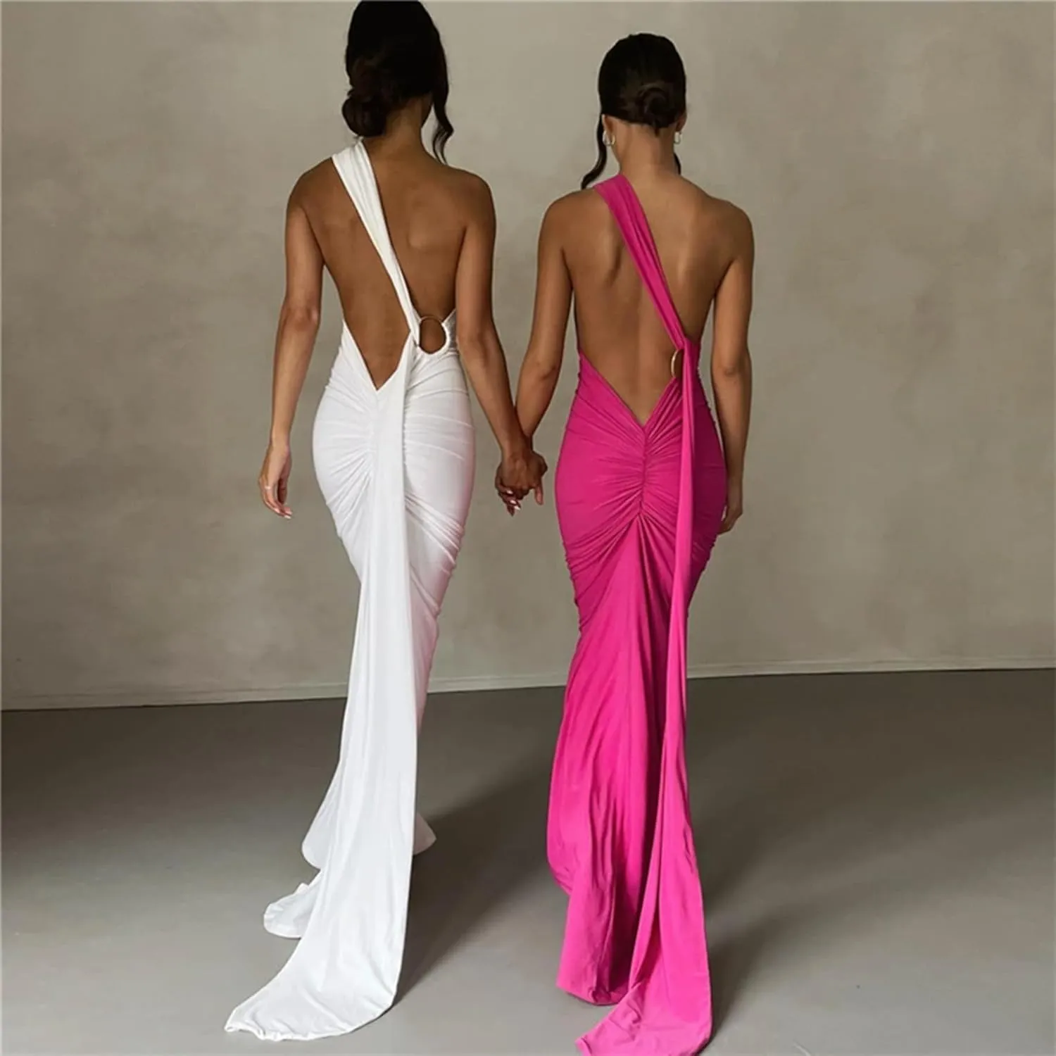 Women Bodycon Maxi Dress Sexy Sleeveless Backless Ruched Bodycon Long Dress Elegant Prom Dresses