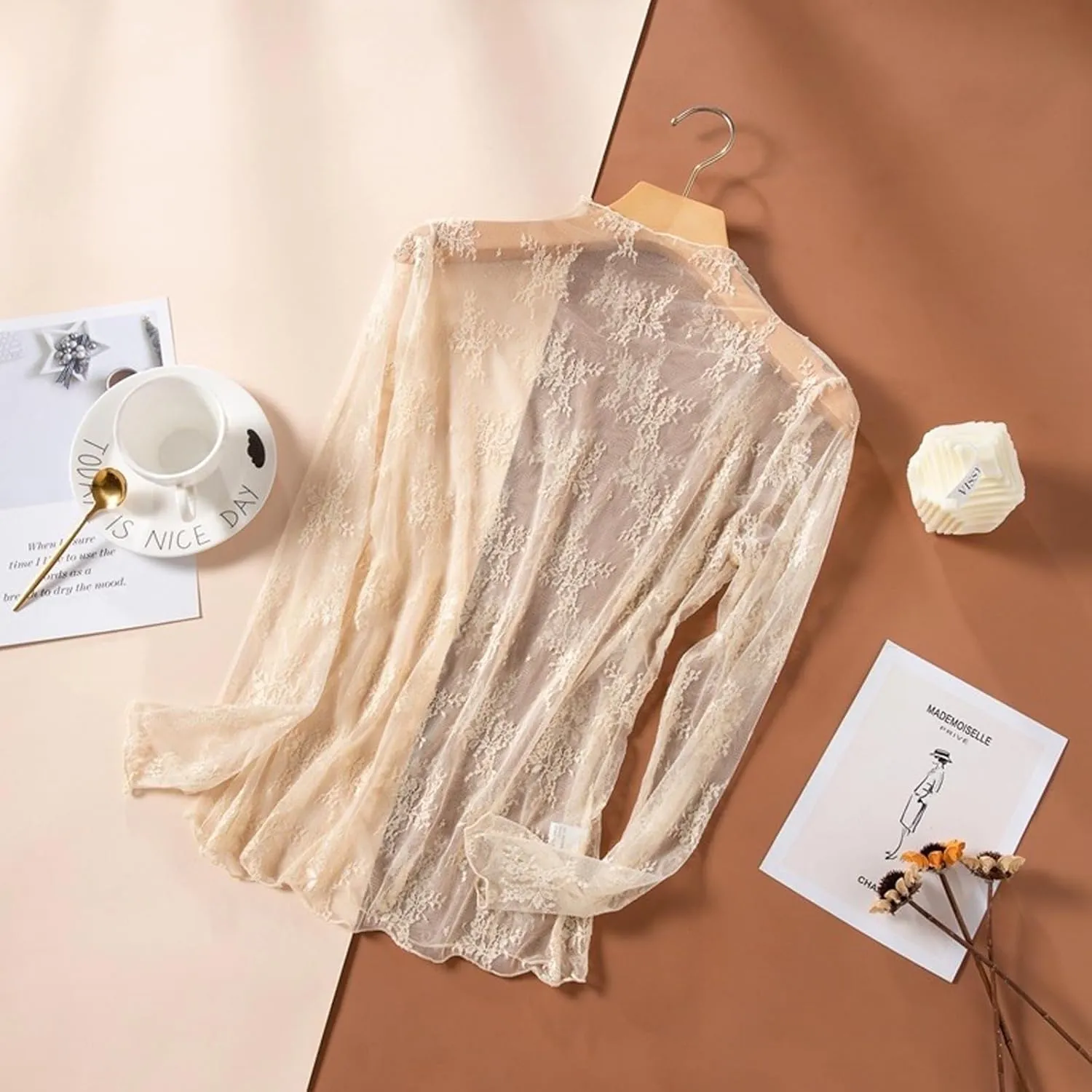 Women Sexy Lace Layering Tops Sheer Mesh Shirts Long Sleeve See Through Crop Top