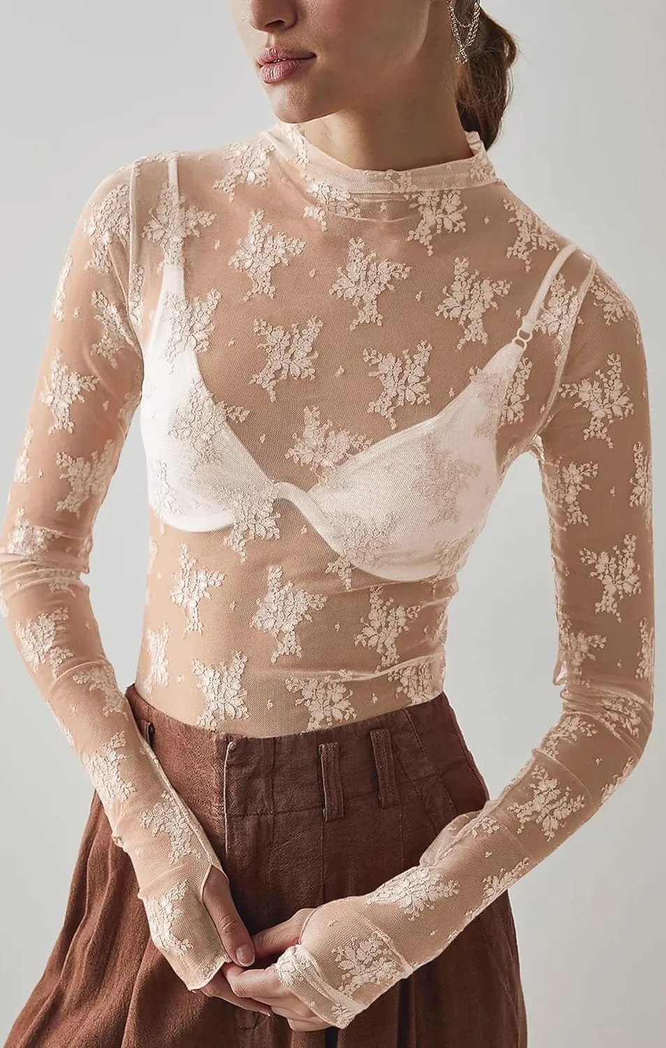 Women Sexy Lace Layering Tops Sheer Mesh Shirts Long Sleeve See Through Crop Top