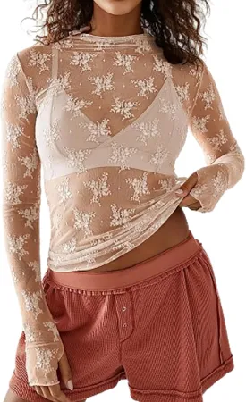 Women Sexy Lace Layering Tops Sheer Mesh Shirts Long Sleeve See Through Crop Top