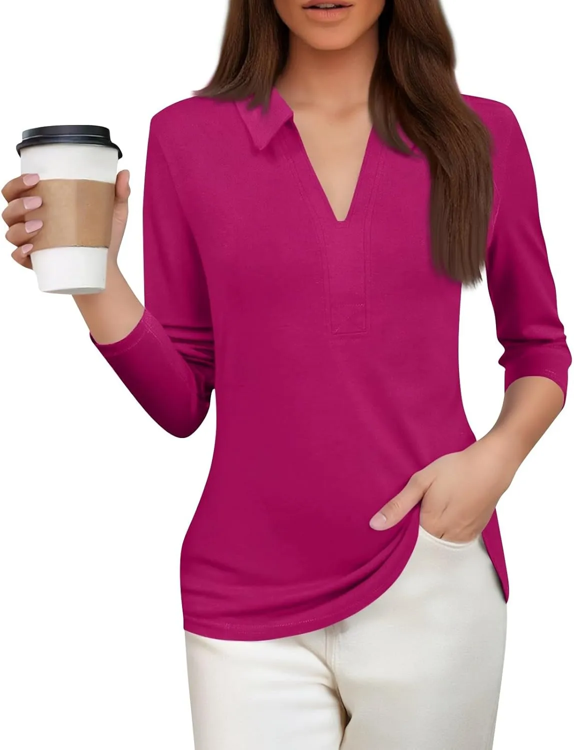 Women's 3/4 Sleeve V-Neck Collared Tops Summer Business Casual Work Polo Shirts 2025 Trendy Loose Fit Basic Tees