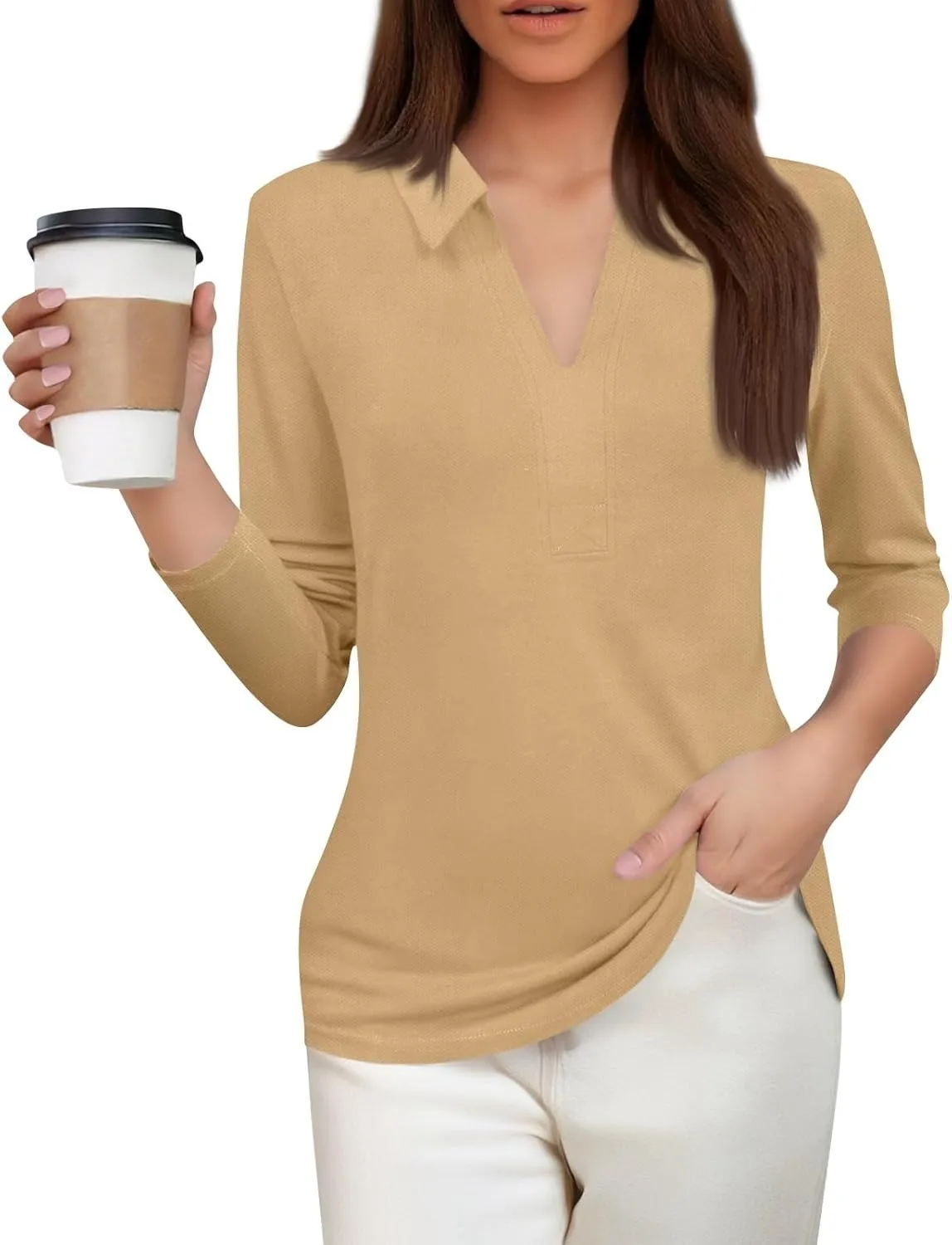 Women's 3/4 Sleeve V-Neck Collared Tops Summer Business Casual Work Polo Shirts 2025 Trendy Loose Fit Basic Tees