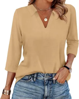 Women's 3/4 Sleeve V-Neck Collared Tops Summer Business Casual Work Polo Shirts 2025 Trendy Loose Fit Basic Tees