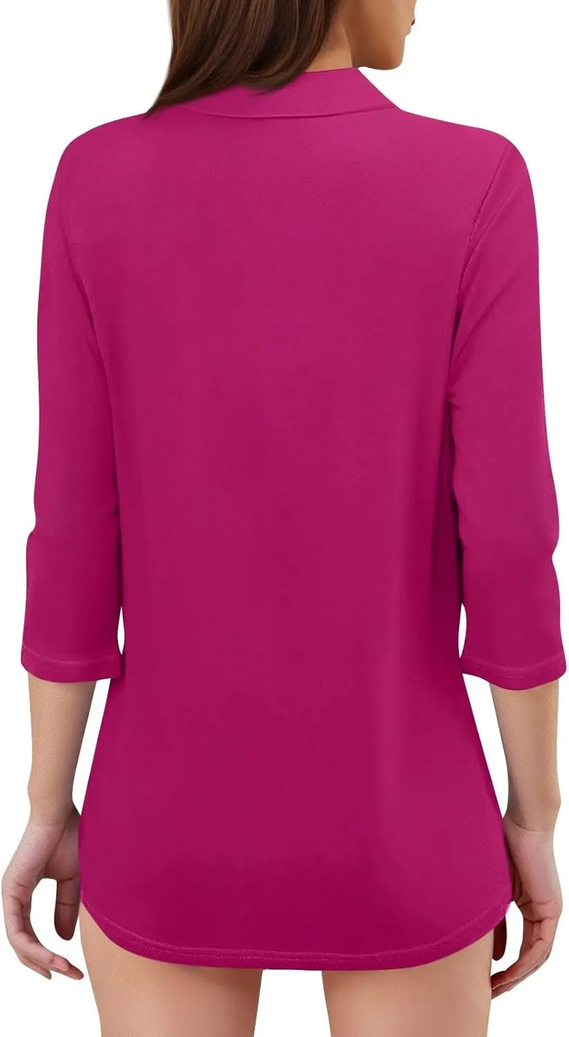 Women's 3/4 Sleeve V-Neck Collared Tops Summer Business Casual Work Polo Shirts 2025 Trendy Loose Fit Basic Tees