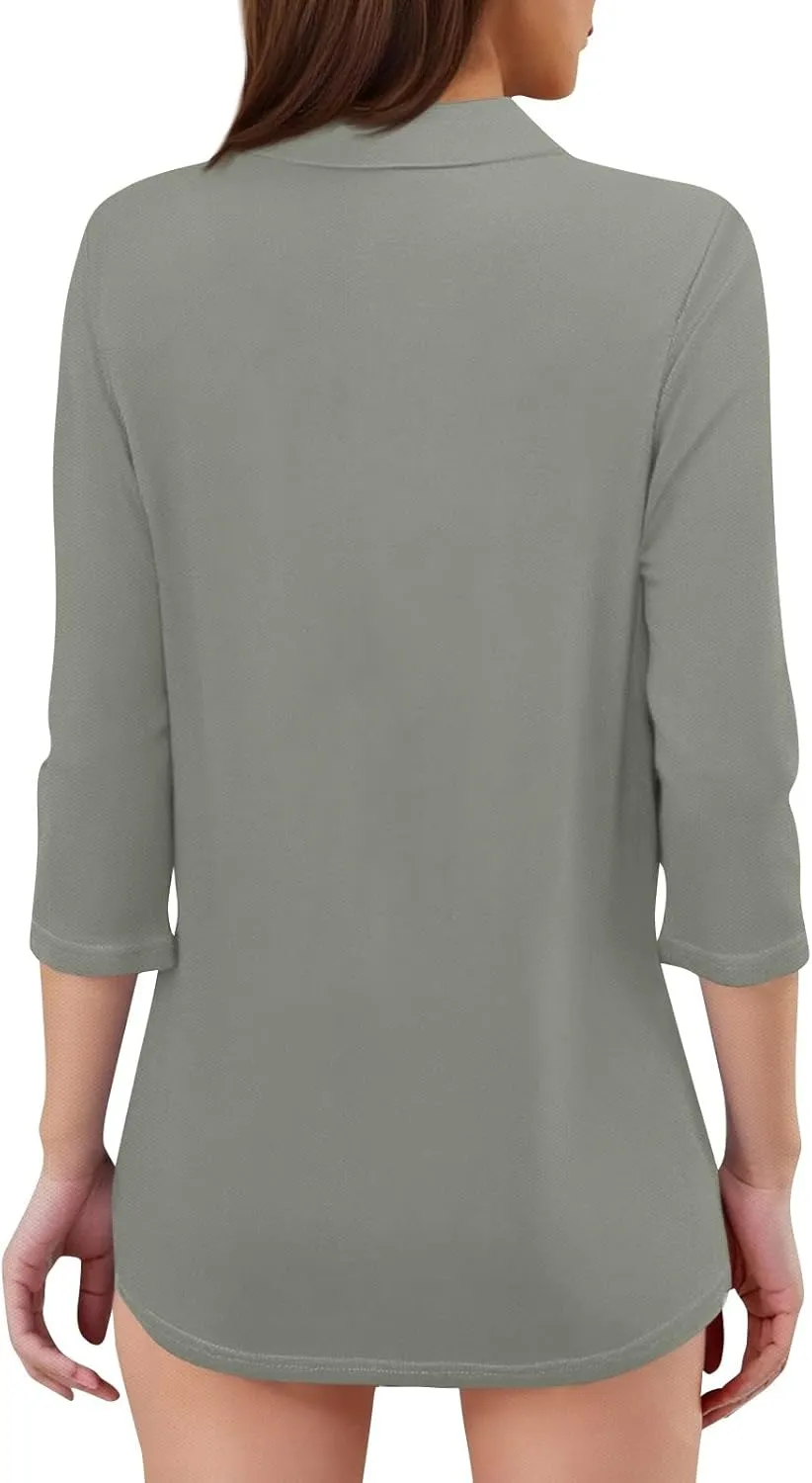 Women's 3/4 Sleeve V-Neck Collared Tops Summer Business Casual Work Polo Shirts 2025 Trendy Loose Fit Basic Tees