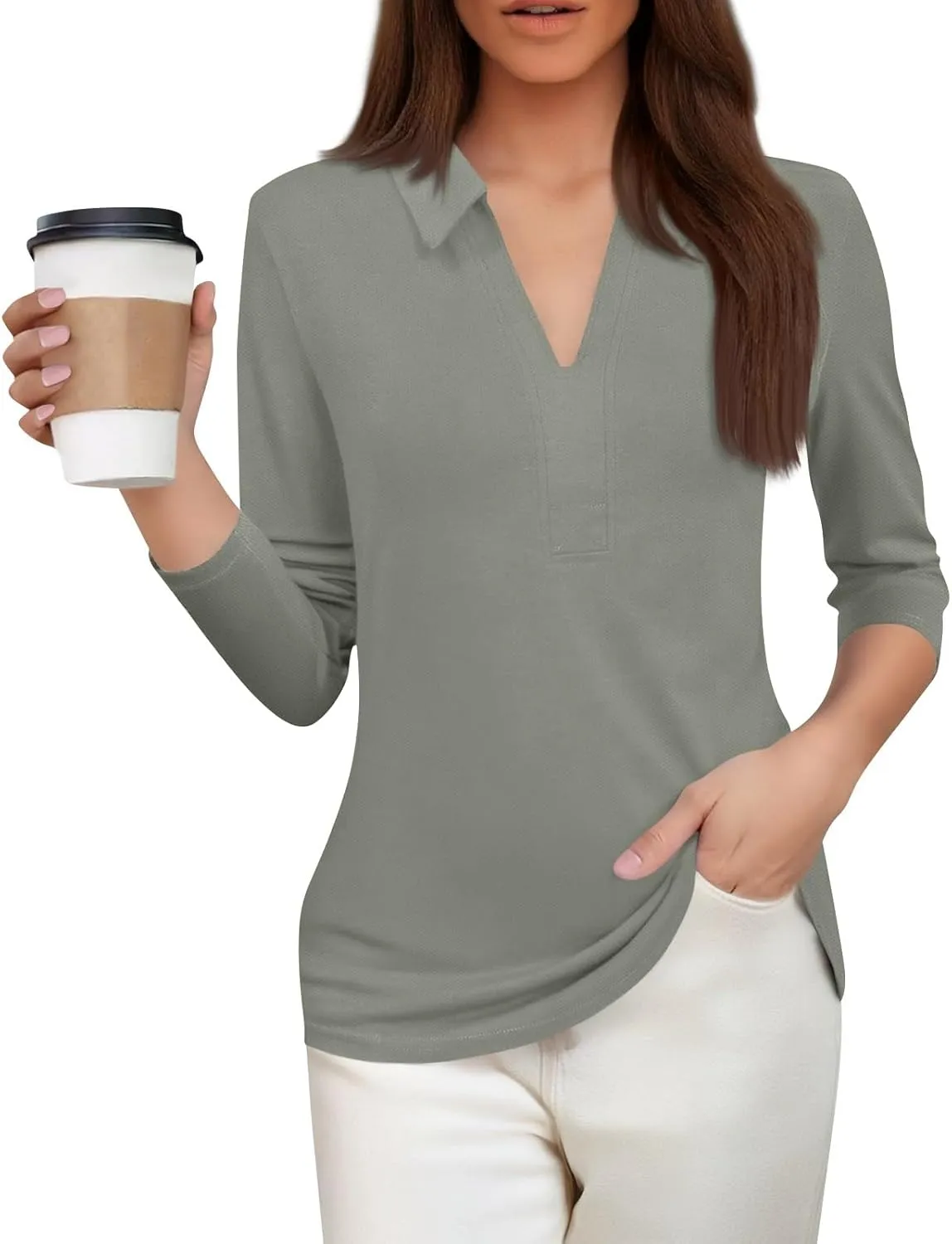 Women's 3/4 Sleeve V-Neck Collared Tops Summer Business Casual Work Polo Shirts 2025 Trendy Loose Fit Basic Tees
