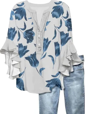 Women's Clothing 3/4 Ruffle Sleeves V Neck Tops Trendy Vintage Floral Boho Blouses Button Tunic Vacation Tee Shirts