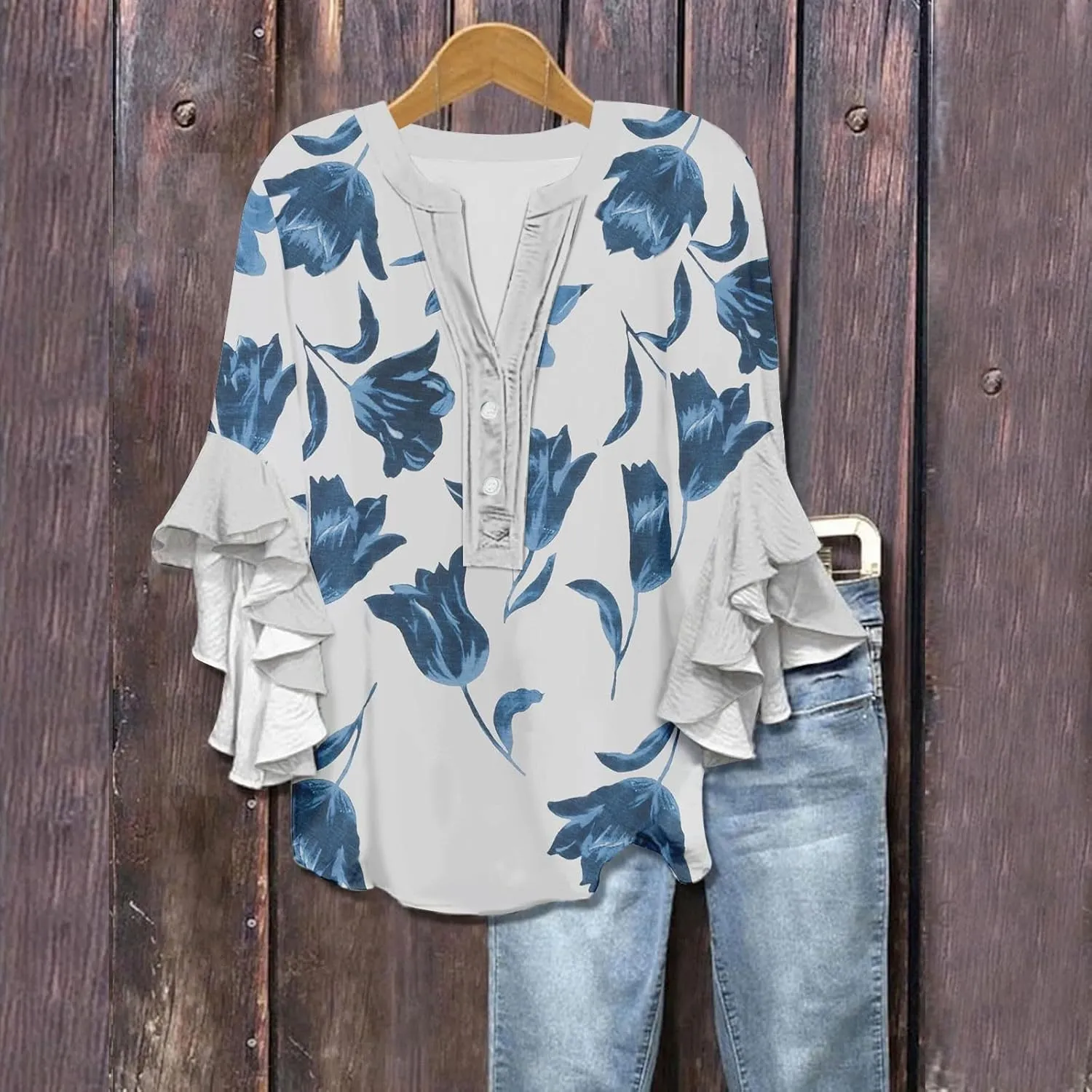 Women's Clothing 3/4 Ruffle Sleeves V Neck Tops Trendy Vintage Floral Boho Blouses Button Tunic Vacation Tee Shirts