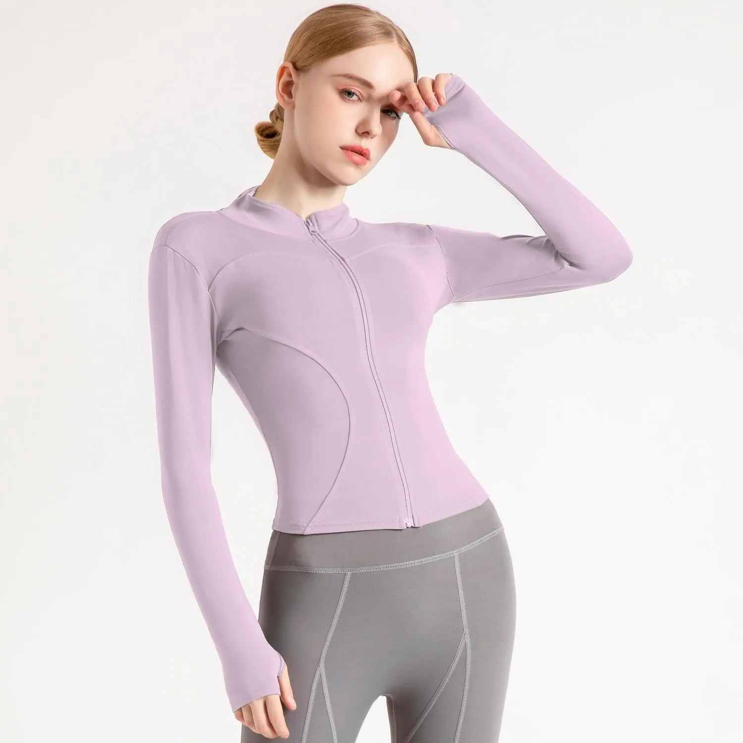 Women's Cropped Lightweight Stretchy Running Track Jackets Full Zip Slim Fit Athletic Tops with Thumb Holes