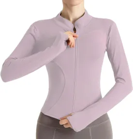 Women's Cropped Lightweight Stretchy Running Track Jackets Full Zip Slim Fit Athletic Tops with Thumb Holes