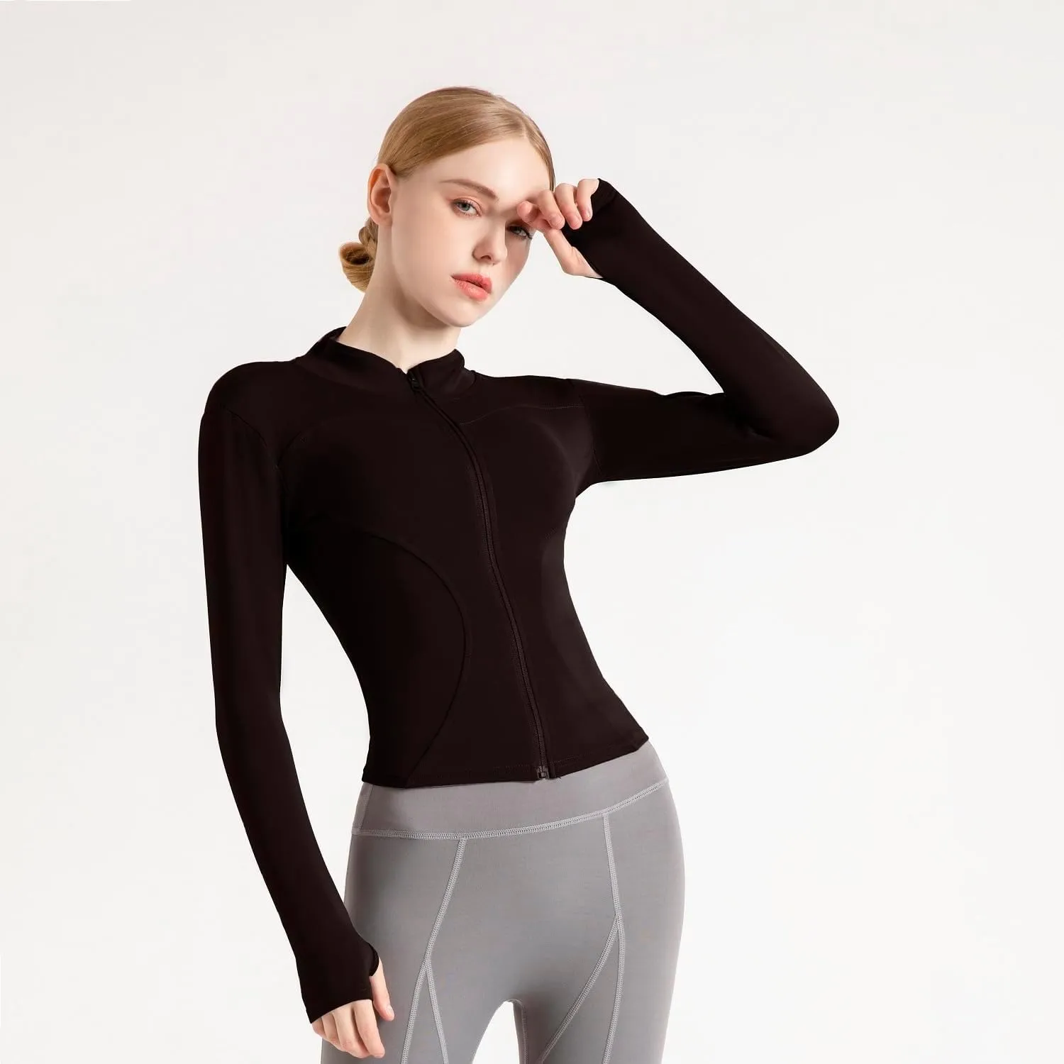 Women's Cropped Lightweight Stretchy Running Track Jackets Full Zip Slim Fit Athletic Tops with Thumb Holes
