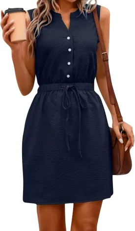 Womens Dresses Summer 2025 Trendy Sleeveless Dress Button V Neck Dress Drawstring Midi Dress Beach Sun Dresses