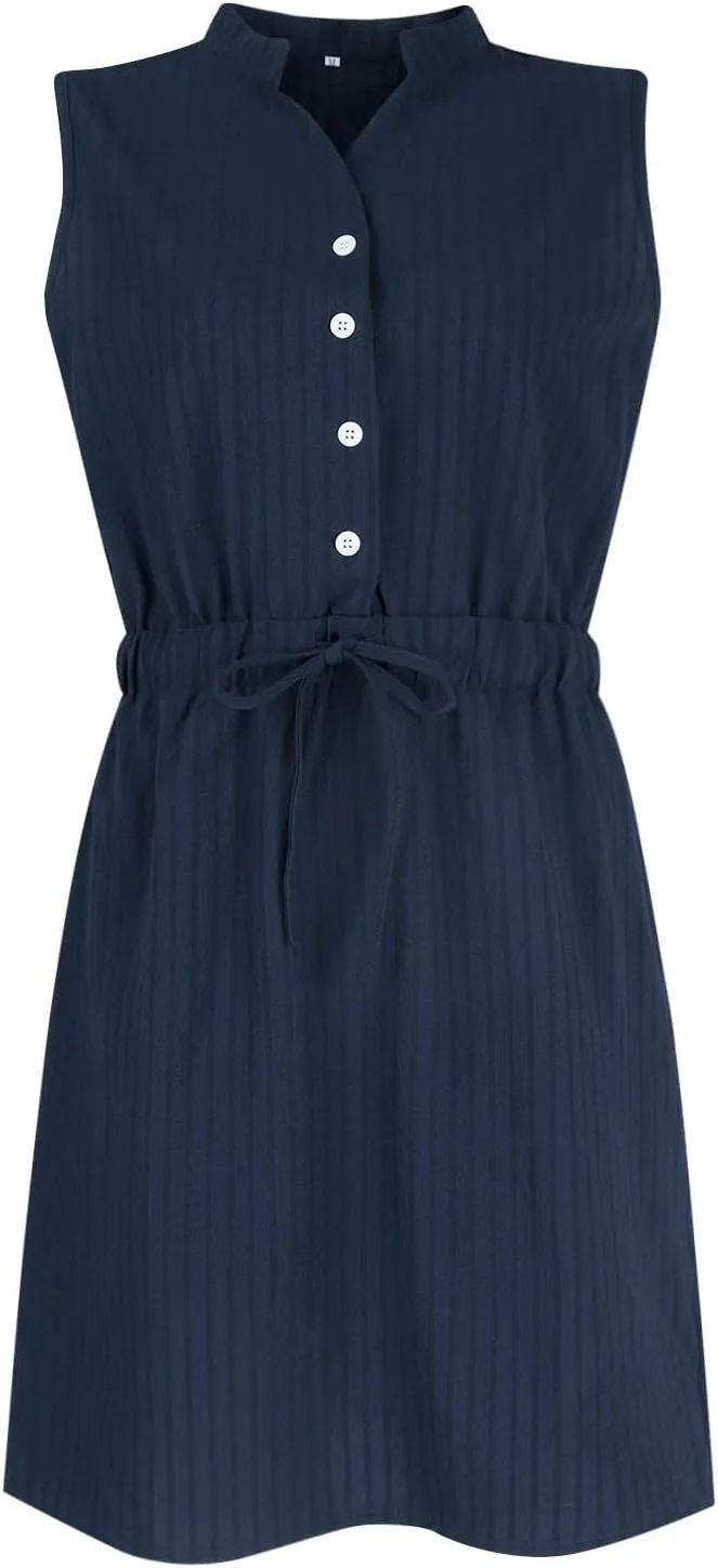 Womens Dresses Summer 2025 Trendy Sleeveless Dress Button V Neck Dress Drawstring Midi Dress Beach Sun Dresses
