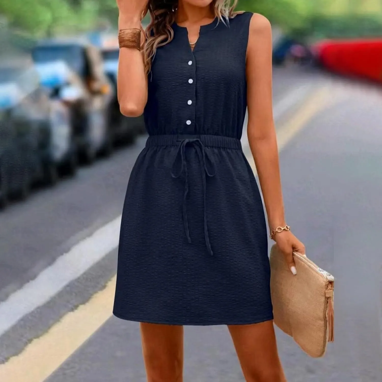 Womens Dresses Summer 2025 Trendy Sleeveless Dress Button V Neck Dress Drawstring Midi Dress Beach Sun Dresses