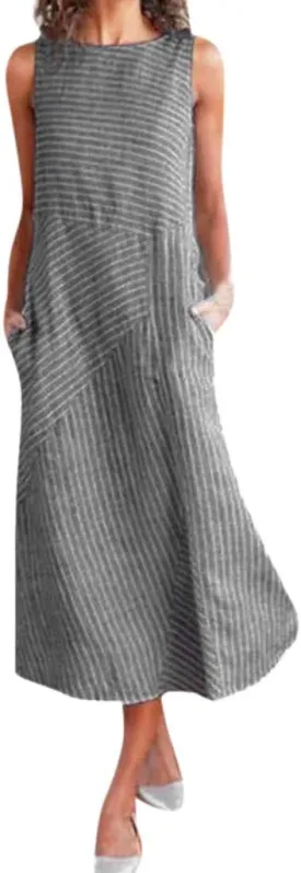 Women's Dresses Summer Casual Striped Sleeveless Round Neck Linen with Pockets Long Maxi Dress Spring, S-2XL