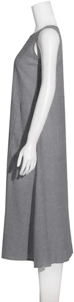 Women's Dresses Summer Casual Striped Sleeveless Round Neck Linen with Pockets Long Maxi Dress Spring, S-2XL