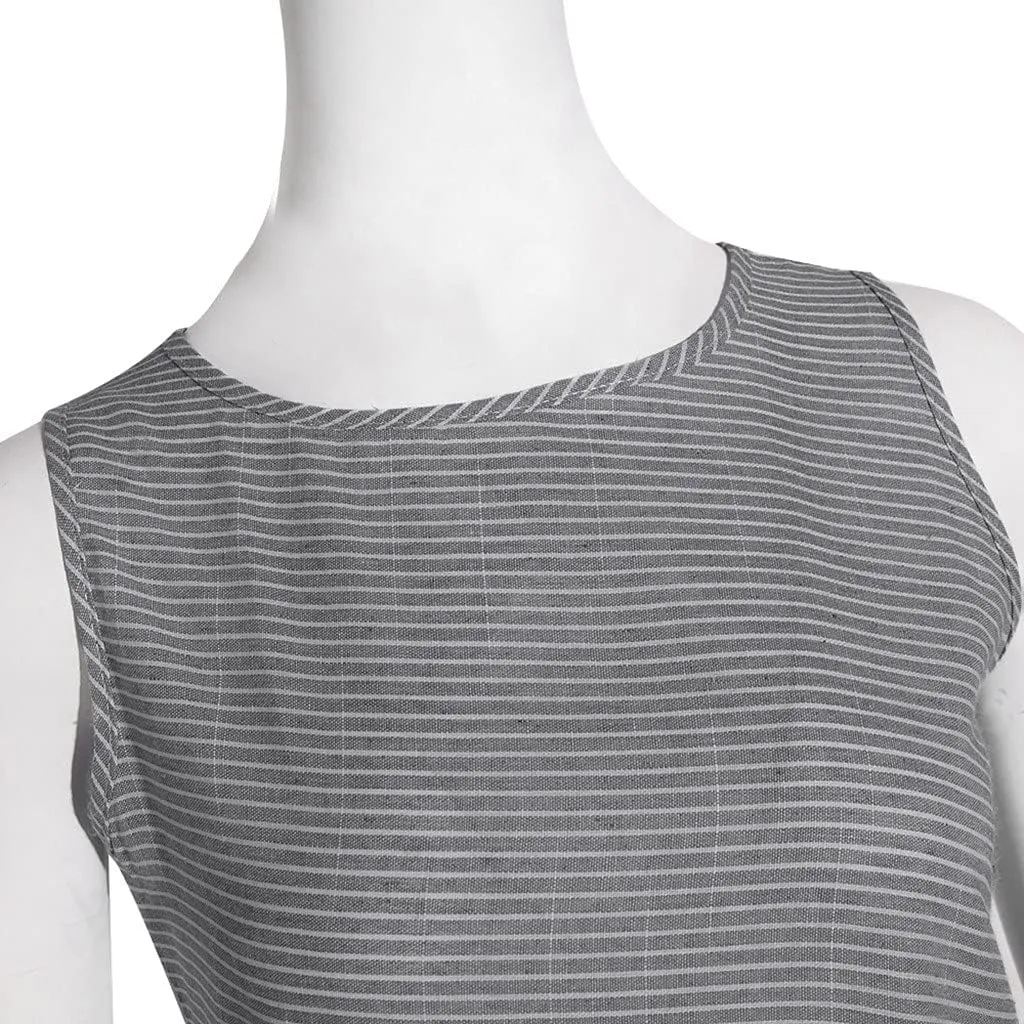 Women's Dresses Summer Casual Striped Sleeveless Round Neck Linen with Pockets Long Maxi Dress Spring, S-2XL