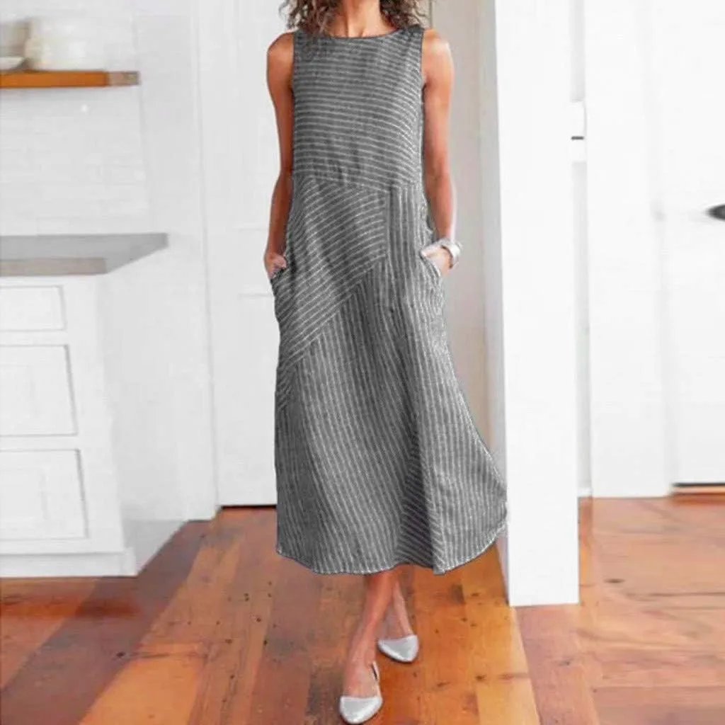 Women's Dresses Summer Casual Striped Sleeveless Round Neck Linen with Pockets Long Maxi Dress Spring, S-2XL