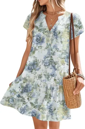 Women's Floral Print V-Neck Short Sleeve 2025 Beach Dress Flowy Relaxed Fit Boho Style Chic Sundress