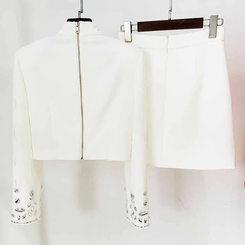 Women's Formal Skirt Suit Fitted Diamonds Pearls Decoration Short Crop Jacket   Mini Skirt Suit