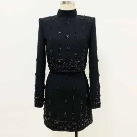 Women's Formal Skirt Suit Fitted Diamonds Pearls Decoration Short Crop Jacket   Mini Skirt Suit